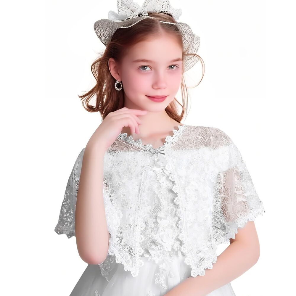 4769 Girl's Elegant Lace Bridal Wedding Shawls, White Floral Embroidered Shrug